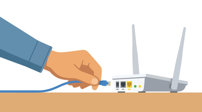 Ethernet cable connection to wifi router flat vector illustration for internet networking and telecommunication services