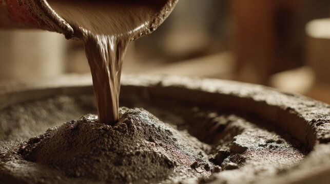 Pouring Raw Material into Mixing Bowl for Construction, Close-Up of Dark Texture and Fine Grain, Artisan Craft Process