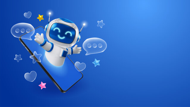 Cute cartoon robot peeking out from smartphone screen. Ai Chatbot technology, neural networks. Ai content generator, chat bot, assistant, online support and education concept. Blue background. Vector