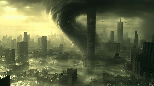 Massive Tornado Striking Metropolitan City Skyline