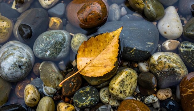 Hoja amarilla ca&iacute;da sobre piedras mojadas de r&iacute;o en composici&oacute;n natural de tonos grises y ocres