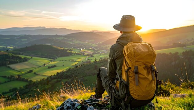Senderista con mochila contemplando un valle monta&ntilde;oso al atardecer desde una ladera