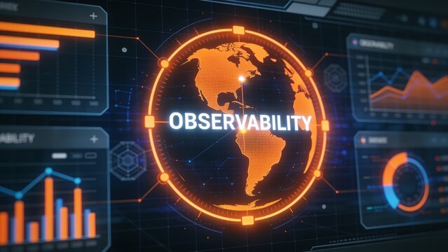Futuristic observability dashboard with glowing globe and analytics data visualization