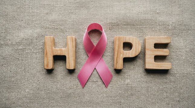 Breast Cancer Awareness Month Wooden block letters spelling hope with pink awareness ribbon replacing letter O on textured beige fabric background for support