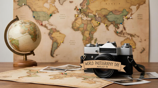Vintage camera and world map for World Photography Day.