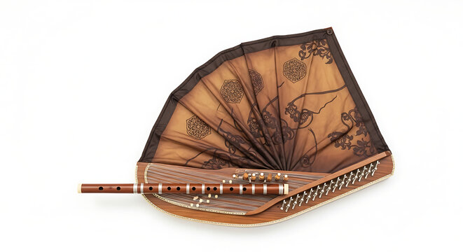 Traditional eastern musical instruments arranged with a decorative brown fan against white studio