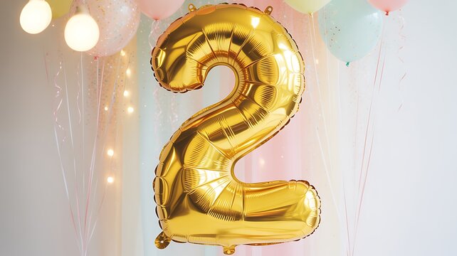 Shiny gold foil balloon number two , Second birthday concept.