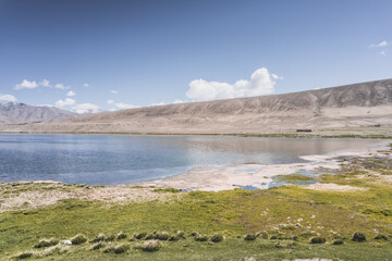 Clear-water rivers and lakes in a mountain valley, pastures and green grassy fields set against mountain ranges and snow-capped, glacier-clad peaks—a scenic landscape background © Denis