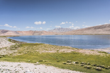 Clear-water rivers and lakes in a mountain valley, pastures and green grassy fields set against mountain ranges and snow-capped, glacier-clad peaks—a scenic landscape background © Denis