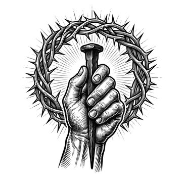 Premium Christian Symbol Vector &ndash; Forged Roman Nail, Hand and Circular Crown of Thorns, Detailed Black Engraving Illustration