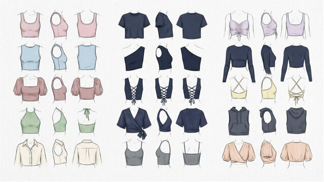 Collection of diverse women's tops and clothing in various styles and colors