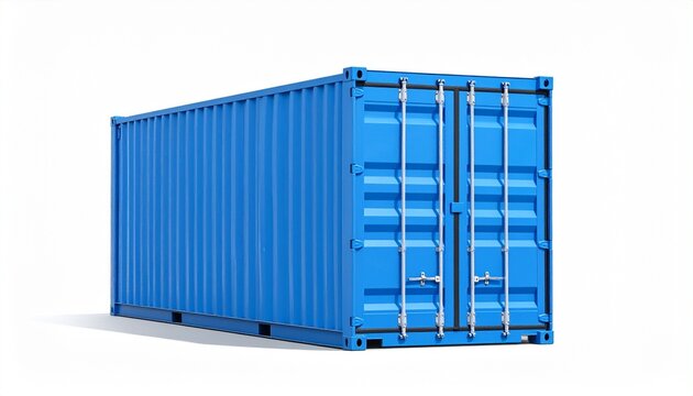 Blue Intermodal Shipping Container with Corrugated Steel Walls and Locking Doors Isolated on White Background