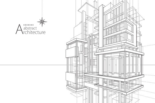 3D illustration architecture building construction perspective design,abstract modern urban building line drawing.