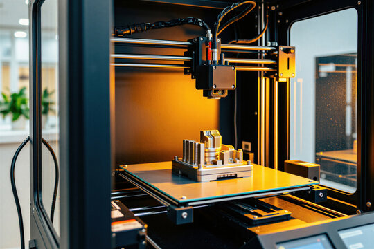 3d printer builds intricate object layer by layer. Machine uses UV light to solidify resin material. Modern manufacturing tech in a clean indoor showroom.