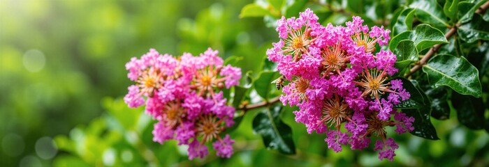 Obraz premium Bright magenta pink Clerodendrum blossoms bloom in tropical garden during summer. Little honey bee collects nectar from vibrant petals of flowering plant. Green leaves blur in soft background. Nature