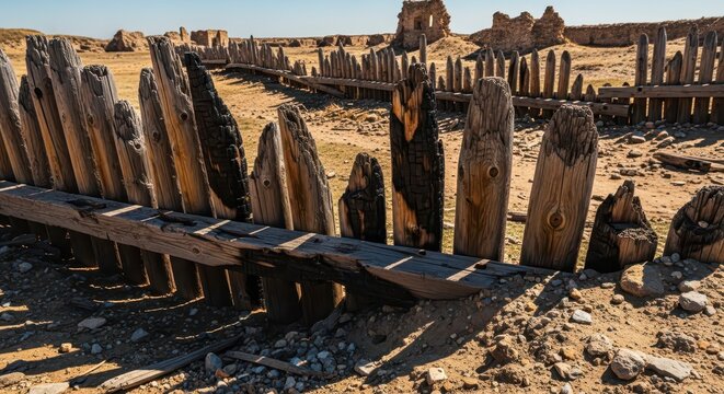 Ancient wooden fence ruins in a dry, desolate desert landscape with crumbling structures in the background