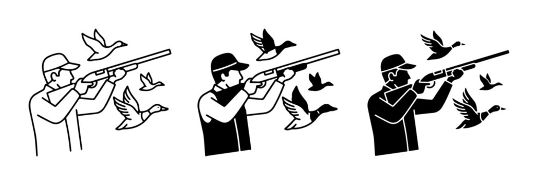Duck Hunting Vector Icons: Hunter Aiming Shotgun at Flying Birds, Silhouette and Outline Styles