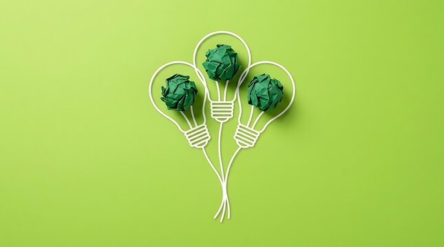 Three glowing lightbulbs with green crumpled paper representing creative ideas and collaborative eco innovation