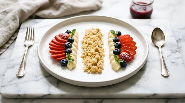 Gourmet dessert with strawberries blueberries cream and crumble on plate