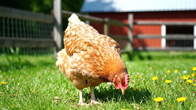 Hens in outdoor meadows, hens feeding on meadows