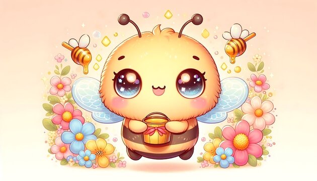 Cute cartoon bee holding honey jar in floral garden. Adorable insect mascot with sweet product illustration for branding and packaging.