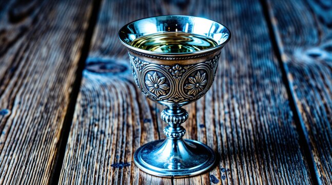 Ornate silver goblet stands on dark wooden table. Antique metal vessel features floral engravings filled with wine. Medieval drinking cup rests on aged surface. Religious communion chalice glitters