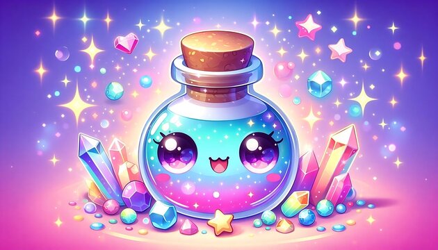 Cute magical potion bottle with glowing eyes and sparkles. Enchanted fantasy jar emitting colorful fairy dust and mystical energy.