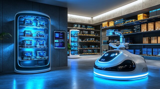 Futuristic Autonomous Robot Assistant in High Tech Retail Store