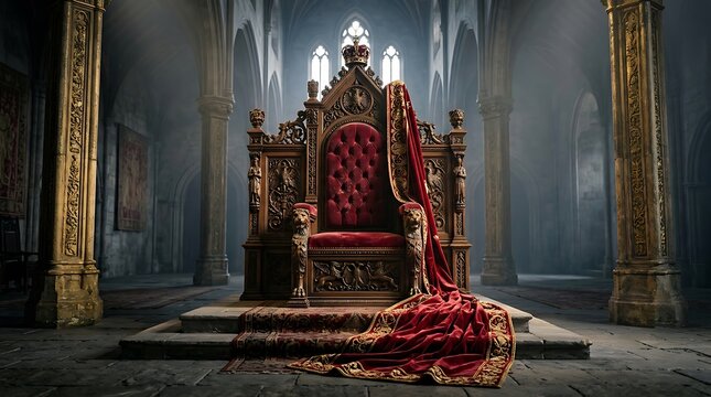 Ancient royal throne in a dark stone castle hall