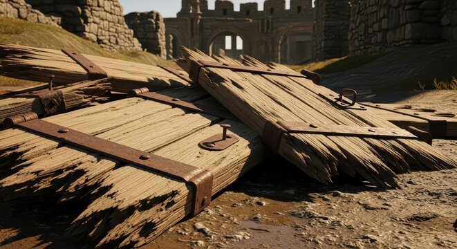 Ancient Wooden Gate Doors Lying on Ground with Castle Ruins in Background