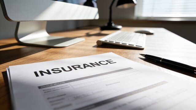 Professional insurance documents on wooden desk with laptop and pen