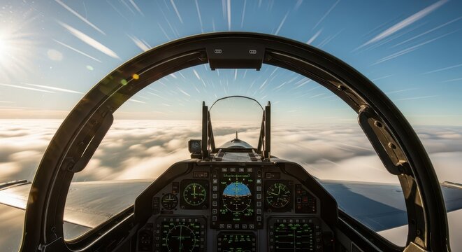 Cockpit View of Fighter Jet Flying Above Clouds at Sunrise, Pilot's Perspective