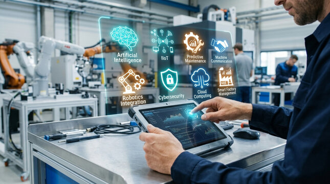Industrial technology, AI, IoT, cloud computing, cybersecurity at smart factory
