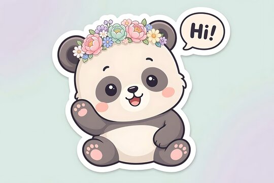 Cute baby panda waving hello in pastel sticker style. Adorable cartoon animal mascot greeting with floral headband.