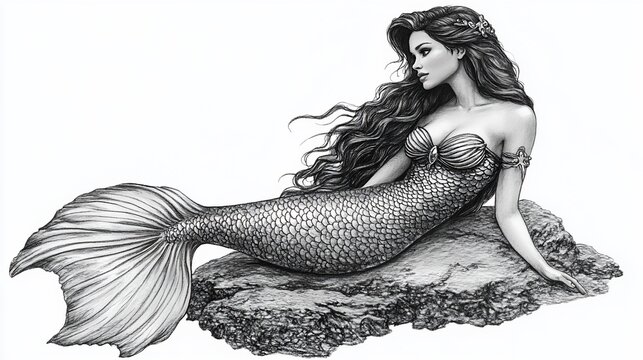 Elegant grayscale mermaid lounging on a rock. Flowing hair, scaled tail, and shell top