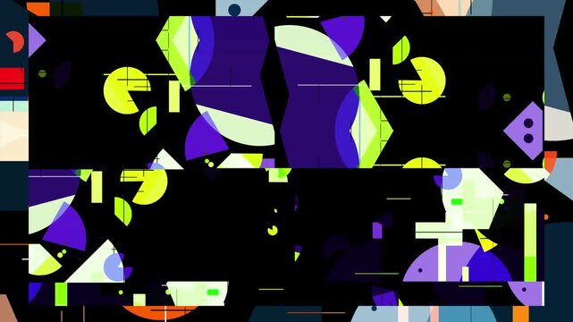 Abstract geometric frame motion graphic with sliding vibrant shapes and grid lines.