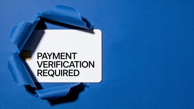 Payment verification required sign with credit card silhouette on blue gradient background