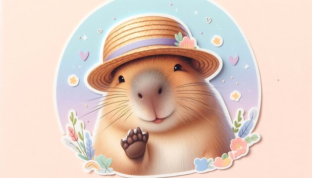Cute capybara wearing straw hat in pastel summer sticker. Adorable watercolor rodent mascot with floral accessories for cheerful designs.