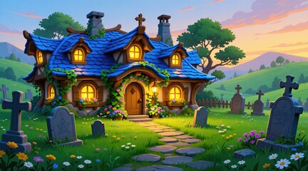 Obraz premium Cozy home with blue roof sits in graveyard. Tombstones and flowers cover green grassy hill under sunset sky. Warm light shines from house windows.
