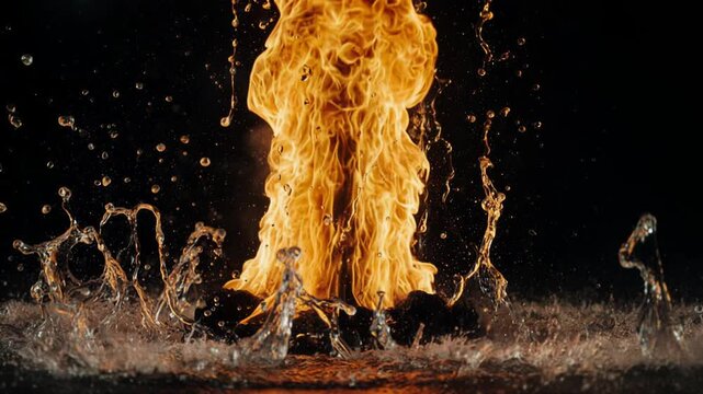 Fire erupts dramatically from water surface, creating splashes and steam, showcasing a vivid contrast between flames and liquid in a dark setting