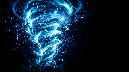 Obraz premium 青いエネルギーが渦巻く幻想的な竜巻の3Dイラスト・黒背景・コピースペースあり
