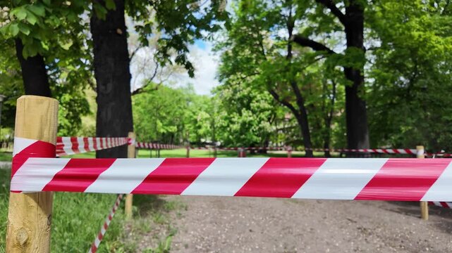 Red and white warning tape wrapped around a wooden post in the foreground, cordoning off a park area with green trees and lawn in diffused daylight.