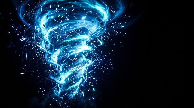 青いエネルギーが渦巻く幻想的な竜巻の3Dイラスト・黒背景・コピースペースあり
