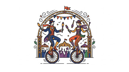 Colorful illustration of two acrobats riding unicycles in a festive scene. © danti
