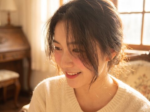 Portrait of a Young Woman Smiling Bashfully in Warm Golden Sunlight at Home