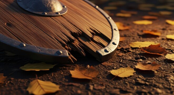 Close-up of a broken wooden Viking shield lying on the ground covered with autumn leaves