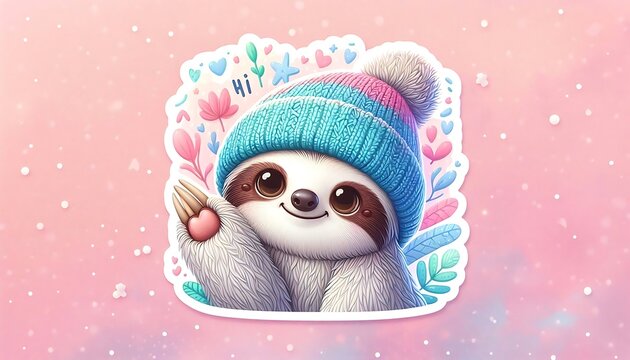 Cute sloth wearing knitted winter hat in pastel sticker design. Adorable slow animal with cozy beanie for digital illustrations and print.