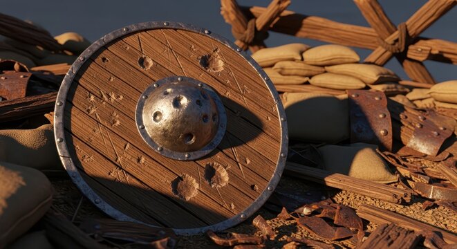 Ancient Wooden Round Shield with Metal Boss and Bullet Holes Resting on Battlefield Debris and Sandbags