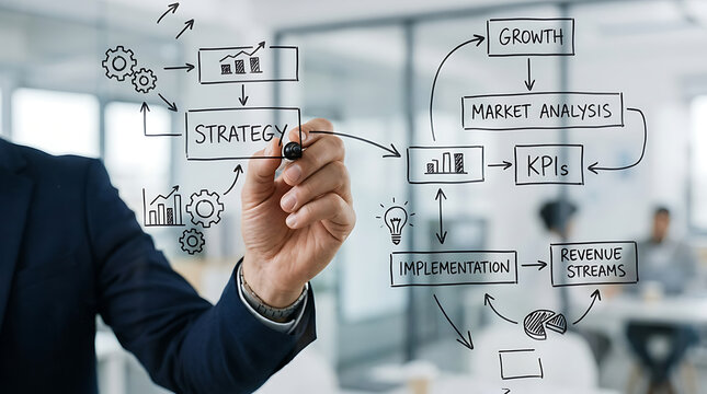 Business professional drawing a complex strategy and growth flowchart on a glass wall in the office.
