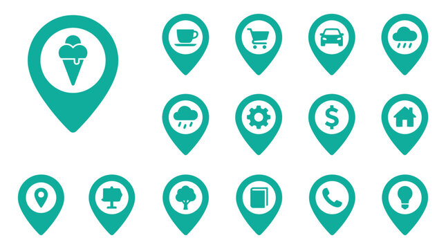 Set of teal map pointer icons featuring diverse symbols including ice cream, coffee, shopping cart, car, weather, gear, dollar, home, and utility markers on a white background.